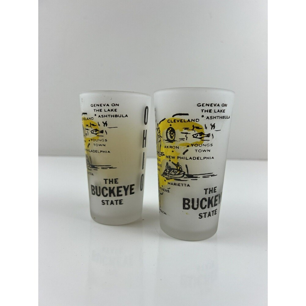 Vintage Set Of 2 Ohio Frosted Souvenir Glass Tumbler 4.75" Hazel Atlas Kitschy - Picture 2 of 12